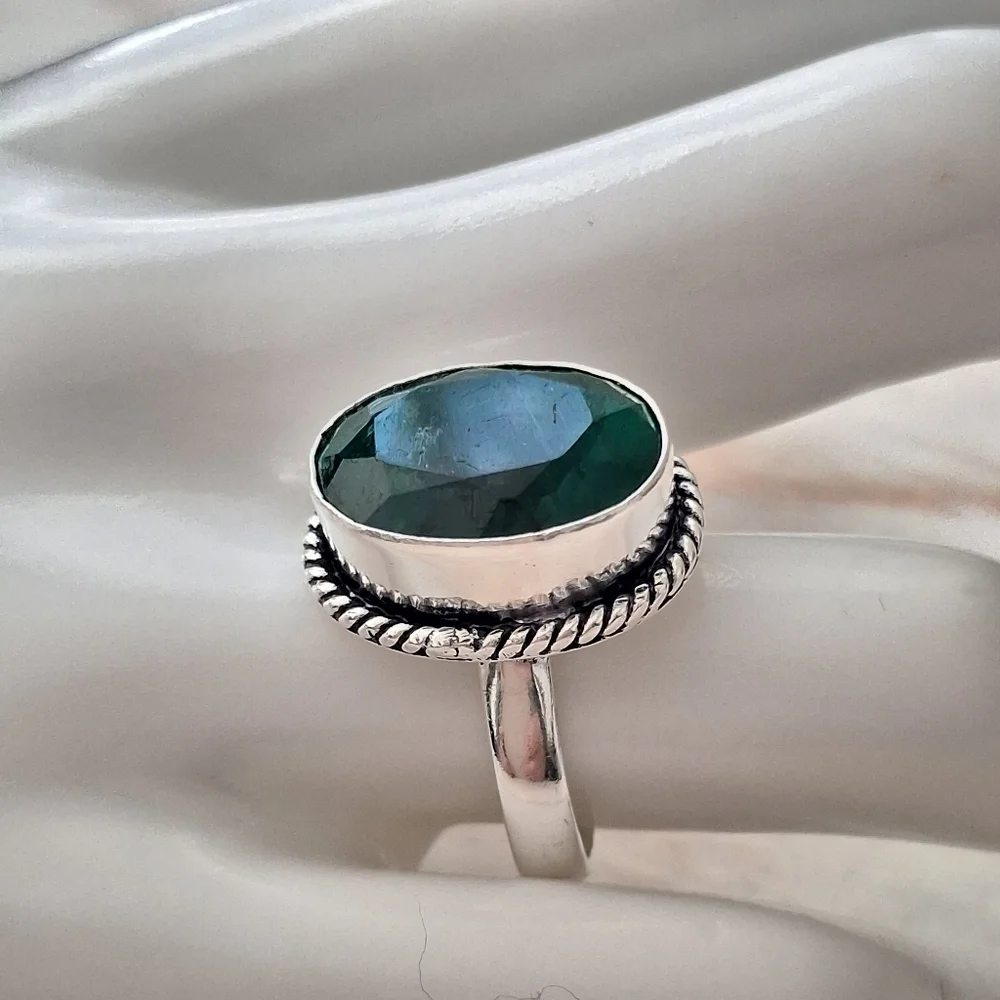 Stunning Genuine Raw Emerald Bezel Cut 925 Sterling Silver Ring 7 1/4 - Picture 3 of 8